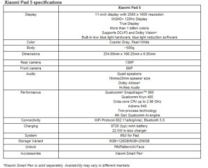  Xiaomi Pad 5 specifications 